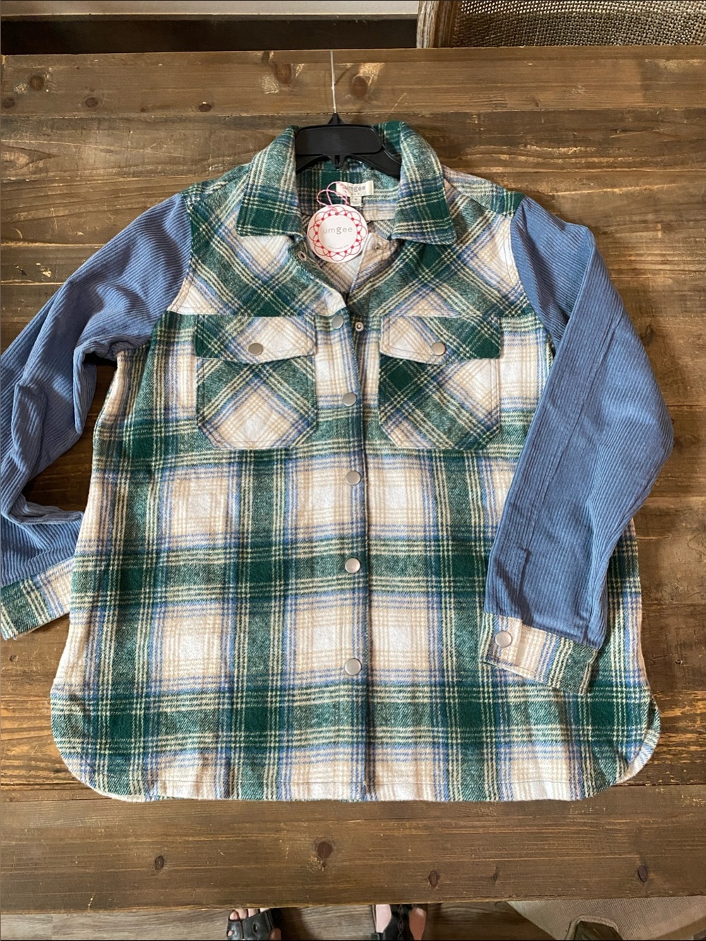 Umgee Green and Blue Plaid Shacket with Blue corduroy sleeves